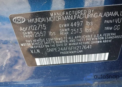 2015 Hyundai Sonata Se z USA, uszkodzony, nr VIN 5NPE24AF6FH217641